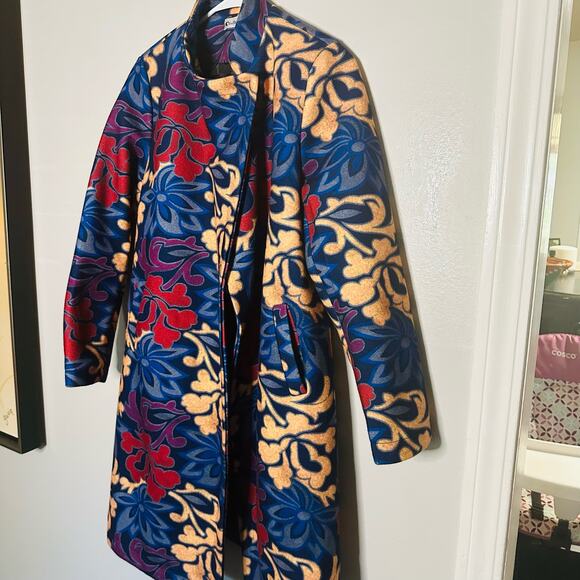 Vintage YaZhuang Floral Blue Tan Red Front Pocket Blazer Long Jacket Size Large - Picture 3 of 14